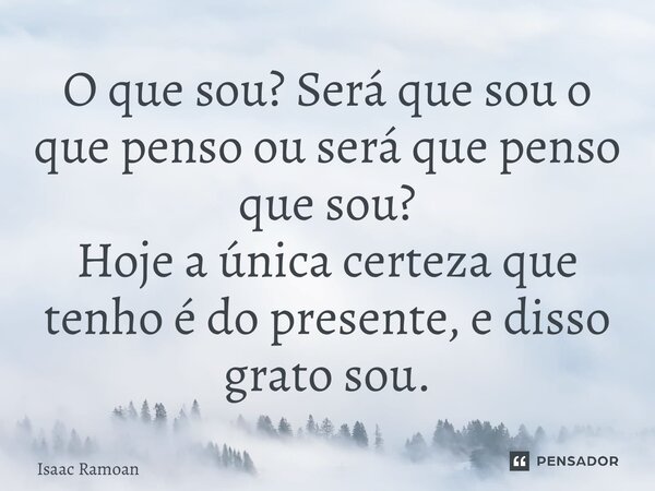 ⁠O que sou? Será que sou o que penso ou será que penso que sou? Hoje a única certeza que tenho é do presente, e disso grato sou.... Frase de Isaac Ramoan.