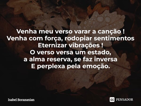 ⁠Venha meu verso varar a canção ! Venha com força, rodopiar sentimentos Eternizar vibrações ! O verso versa um estado, a alma reserva, se faz inversa E perplexa... Frase de Isabel Borazanian.