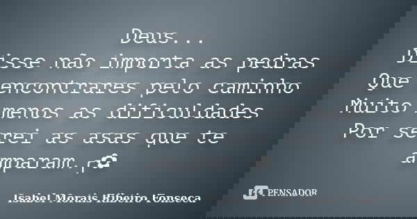 Deus... Disse não importa as pedras Que encontrares pelo caminho Muito menos as dificuldades Por serei as asas que te amparam.╭✿... Frase de Isabel Morais Ribeiro Fonseca.