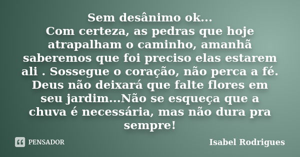 Sem desânimo ok... Com certeza, as pedras que hoje atrapalham o caminho, amanhã saberemos que foi preciso elas estarem ali . Sossegue o coração, não perca a fé.... Frase de Isabel Rodrigues.