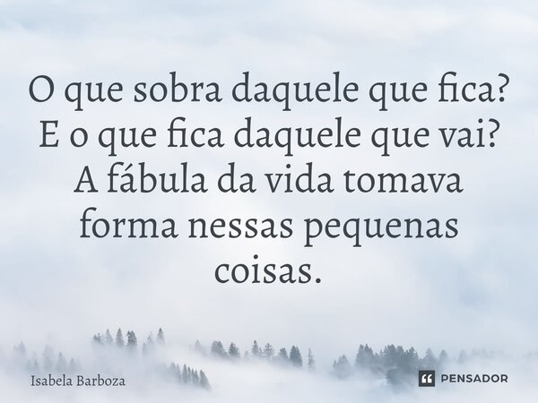 O que sobra daquele que fica? E o que fica daquele que vai⁠? A fábula da vida tomava forma nessas pequenas coisas.... Frase de Isabela Barboza.