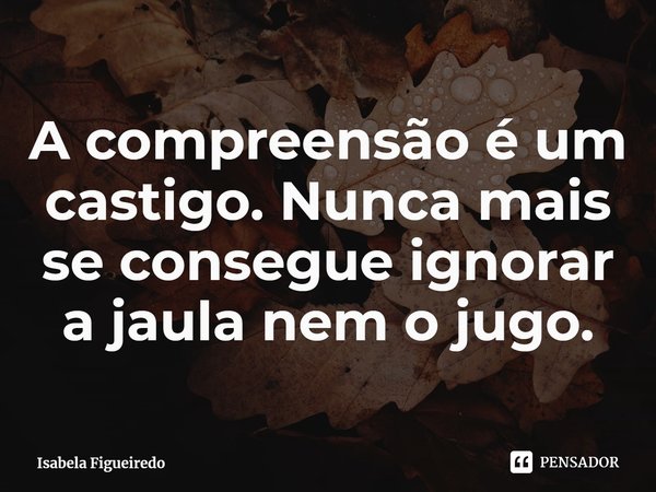 ⁠A compreensão é um castigo. Nunca mais se consegue ignorar a jaula nem o jugo.... Frase de Isabela Figueiredo.