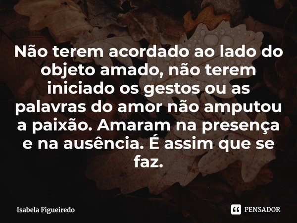 ⁠Não terem acordado ao lado do objeto amado, não terem iniciado os gestos ou as palavras do amor não amputou a paixão. Amaram na presença e na ausência. É assim... Frase de Isabela Figueiredo.