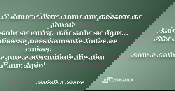 O Amor é livre como um pássaro na janela Não sabe se entra, não sabe se foge... Mas observa passivamente todas as coisas, com a calma que a eternidade lhe deu. ... Frase de Isabella A. Soares.