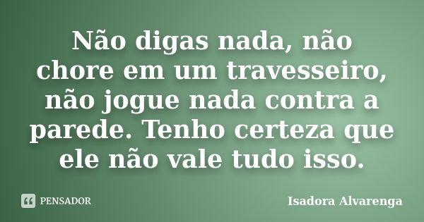 Não digas nada, não chore em um travesseiro, não jogue nada contra a parede. Tenho certeza que ele não vale tudo isso.... Frase de Isadora Alvarenga.