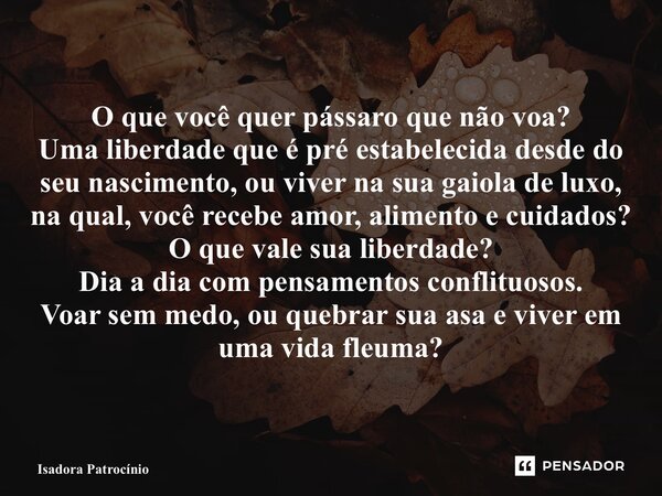 O que você quer pássaro que não voa? Uma liberdade que é pré estabelecida desde do seu nascimento, ou viver na sua gaiola de luxo, na qual, você recebe amor, al... Frase de Isadora patrocínio.