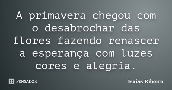 A primavera chegou com o desabrochar das flores fazendo renascer a esperança com luzes cores e alegria.... Frase de Isaias Ribeiro.