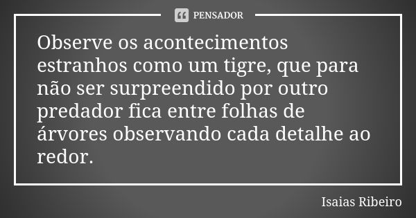 Observe os acontecimentos estranhos como um tigre, que para não ser surpreendido por outro predador fica entre folhas de árvores observando cada detalhe ao redo... Frase de Isaías Ribeiro.