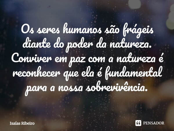 ⁠Os seres humanos são frágeis diante do poder da natureza. Conviver em paz com a natureza é reconhecer que ela é fundamental para a nossa sobrevivência.... Frase de Isaias Ribeiro.