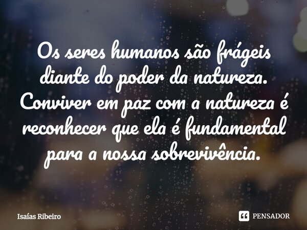 ⁠Os seres humanos são frágeis diante do poder da natureza. Conviver em paz com a natureza é reconhecer que ela é fundamental para a nossa sobrevivência.... Frase de Isaias Ribeiro.