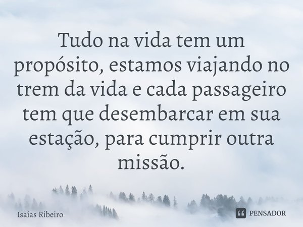 ⁠Tudo na vida tem um propósito, estamos viajando no trem da vida e cada passageiro tem que desembarcar em sua estação, para cumprir outra missão.... Frase de Isaias Ribeiro.