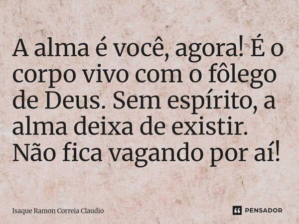 ⁠A alma é você, agora! É o corpo vivo com o fôlego de Deus. Sem espírito, a alma deixa de existir. Não fica vagando por aí!... Frase de Isaque Ramon Correia Claudio.