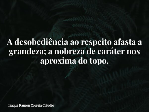 A desobediência ao respeito afasta a grandeza; a nobreza de caráter nos aproxima do topo.... Frase de Isaque Ramon Correia Cláudio.
