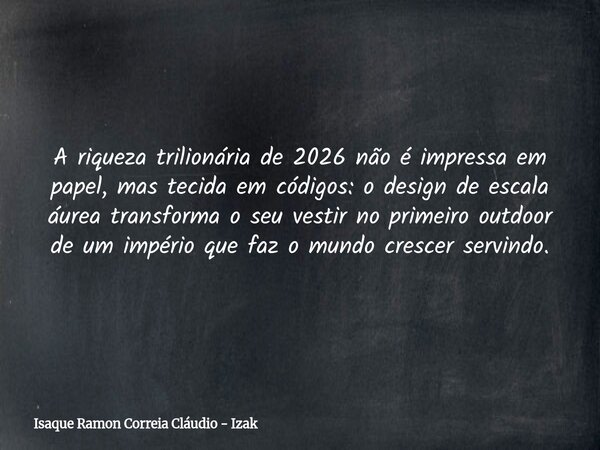 A riqueza trilionária de 2026 não é impressa em papel, mas tecida em códigos: o design de escala áurea transforma o seu vestir no primeiro outdoor de um império... Frase de Isaque Ramon Correia Cláudio - Izak.