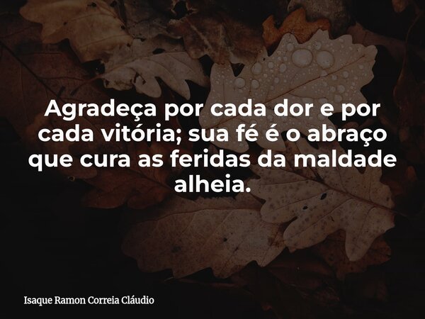 Agradeça por cada dor e por cada vitória; sua fé é o abraço que cura as feridas da maldade alheia.... Frase de Isaque Ramon Correia Cláudio.
