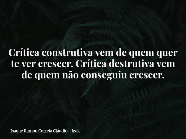 Crítica construtiva vem de quem quer te ver crescer. Crítica destrutiva vem de quem não conseguiu crescer.... Frase de Isaque Ramon Correia Cláudio - Izak.