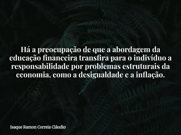 Há a preocupação de que a abordagem da educação financeira transfira para o indivíduo a responsabilidade por problemas estruturais da economia, como a desiguald... Frase de Isaque Ramon Correia Cláudio.