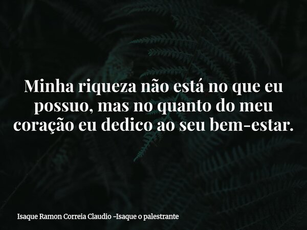 Minha riqueza não está no que eu possuo, mas no quanto do meu coração eu dedico ao seu bem-estar.... Frase de Isaque Ramon Correia Claudio -Isaque o palestrante.
