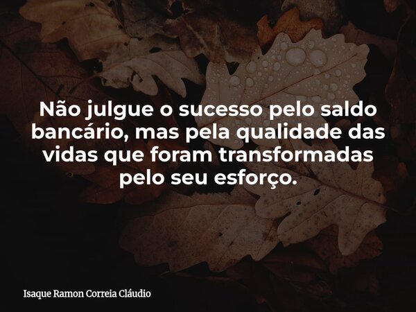 Não julgue o sucesso pelo saldo bancário, mas pela qualidade das vidas que foram transformadas pelo seu esforço.... Frase de Isaque Ramon Correia Cláudio.
