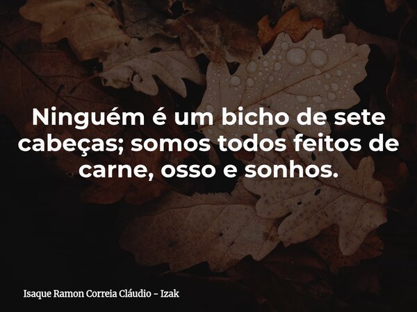 Ninguém é um bicho de sete cabeças; somos todos feitos de carne, osso e sonhos.... Frase de Isaque Ramon Correia Cláudio - Izak.