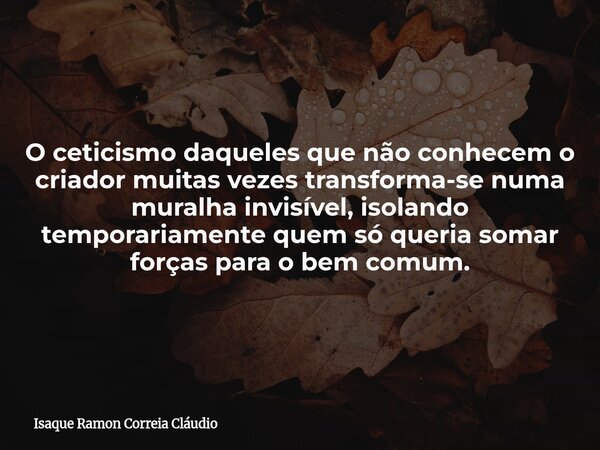O ceticismo daqueles que não conhecem o criador muitas vezes transforma-se numa muralha invisível, isolando temporariamente quem só queria somar forças para o b... Frase de Isaque Ramon Correia Cláudio.