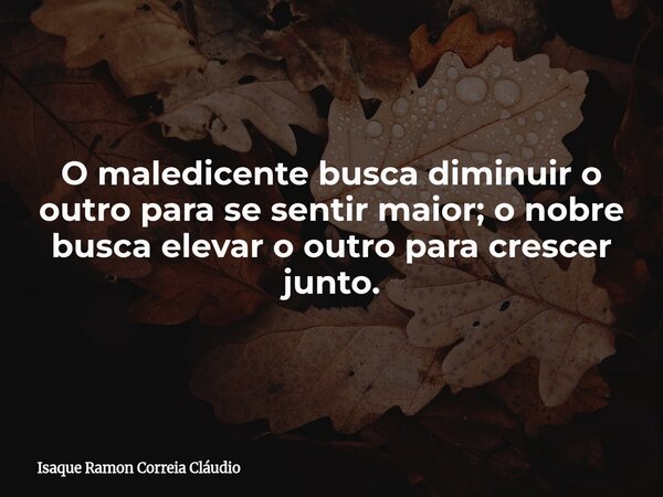 O maledicente busca diminuir o outro para se sentir maior; o nobre busca elevar o outro para crescer junto.... Frase de Isaque Ramon Correia Cláudio.