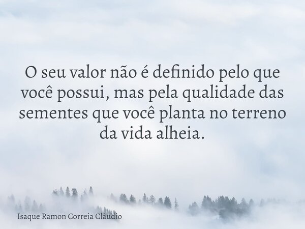 O seu valor não é definido pelo que você possui, mas pela qualidade das sementes que você planta no terreno da vida alheia.... Frase de Isaque Ramon Correia Cláudio.