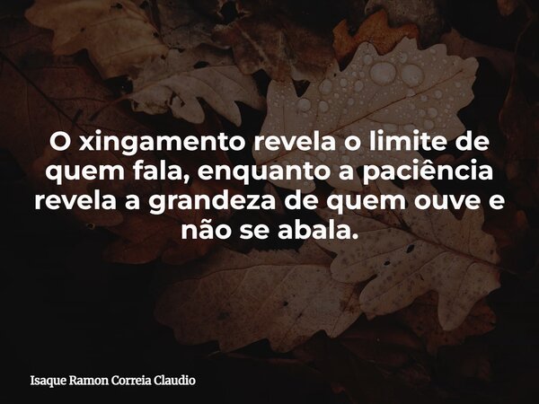O xingamento revela o limite de quem fala, enquanto a paciência revela a grandeza de quem ouve e não se abala.... Frase de Isaque Ramon Correia Claudio.