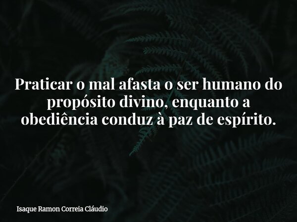 Praticar o mal afasta o ser humano do propósito divino, enquanto a obediência conduz à paz de espírito.... Frase de Isaque Ramon Correia Cláudio.