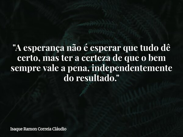 "A esperança não é esperar que tudo dê certo, mas ter a certeza de que o bem sempre vale a pena, independentemente do resultado."... Frase de Isaque Ramon Correia Cláudio.