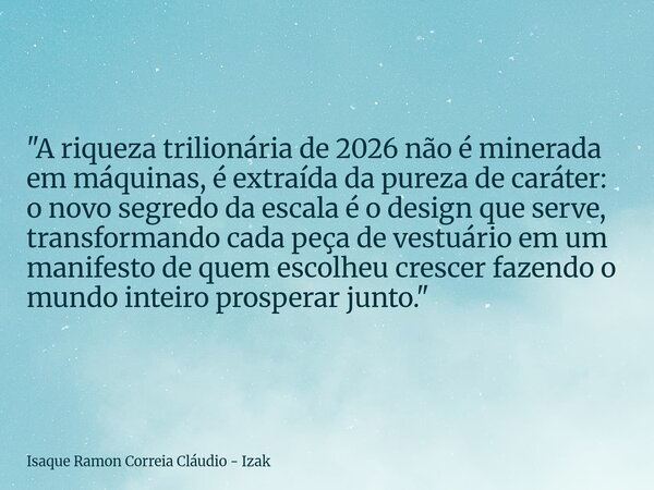 "A riqueza trilionária de 2026 não é minerada em máquinas, é extraída da pureza de caráter: o novo segredo da escala é o design que serve, transformando ca... Frase de Isaque Ramon Correia Cláudio - Izak.