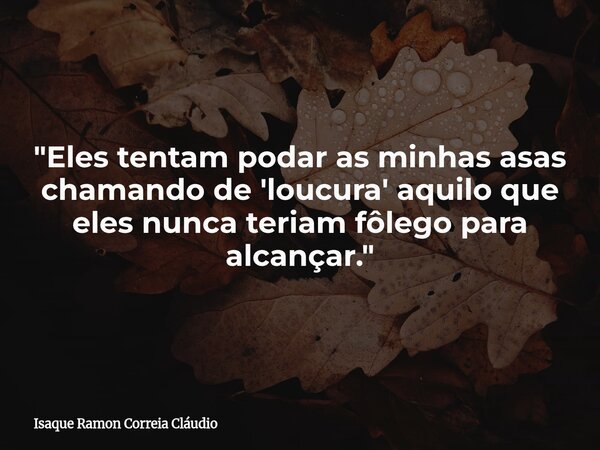 "Eles tentam podar as minhas asas chamando de 'loucura' aquilo que eles nunca teriam fôlego para alcançar."... Frase de Isaque Ramon Correia Cláudio.