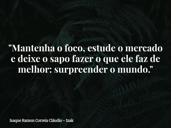 "Mantenha o foco, estude o mercado e deixe o sapo fazer o que ele faz de melhor: surpreender o mundo."... Frase de Isaque Ramon Correia Cláudio - Izak.