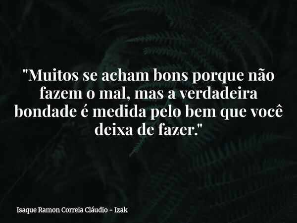 "Muitos se acham bons porque não fazem o mal, mas a verdadeira bondade é medida pelo bem que você deixa de fazer."... Frase de Isaque Ramon Correia Cláudio - Izak.