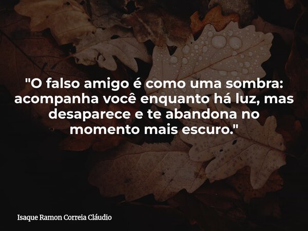"O falso amigo é como uma sombra: acompanha você enquanto há luz, mas desaparece e te abandona no momento mais escuro."... Frase de Isaque Ramon Correia Cláudio.