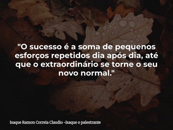 "O sucesso é a soma de pequenos esforços repetidos dia após dia, até que o extraordinário se torne o seu novo normal."... Frase de Isaque Ramon Correia Claudio -Isaque o palestrante.