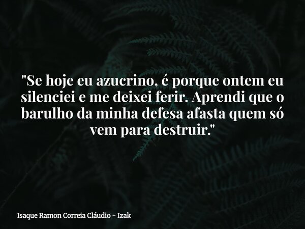 "Se hoje eu azucrino, é porque ontem eu silenciei e me deixei ferir. Aprendi que o barulho da minha defesa afasta quem só vem para destruir."... Frase de Isaque Ramon Correia Cláudio - Izak.