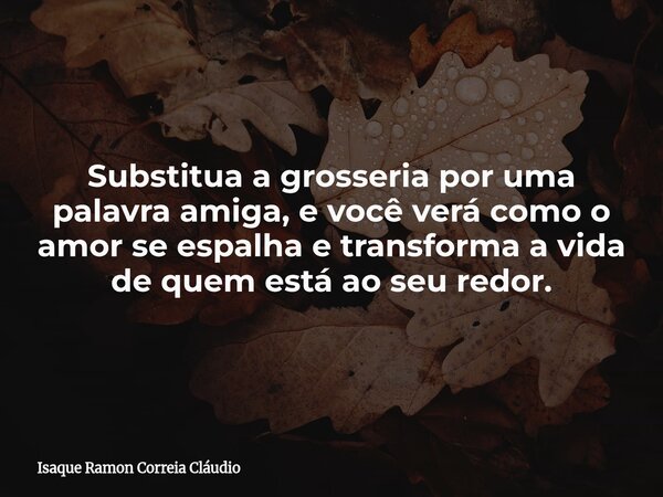 Substitua a grosseria por uma palavra amiga, e você verá como o amor se espalha e transforma a vida de quem está ao seu redor.... Frase de Isaque Ramon Correia Cláudio.