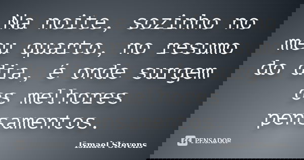 Na noite, sozinho no meu quarto, no resumo do dia, é onde surgem os melhores pensamentos.... Frase de Ismael Stevens.