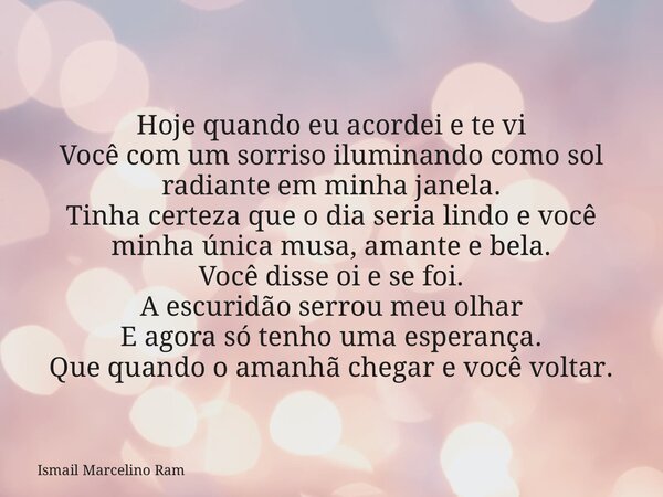 Hoje quando eu acordei e te vi Você com um sorriso iluminando como sol radiante em minha janela. Tinha certeza que o dia seria lindo e você minha única musa, am... Frase de Ismail Marcelino Ram.