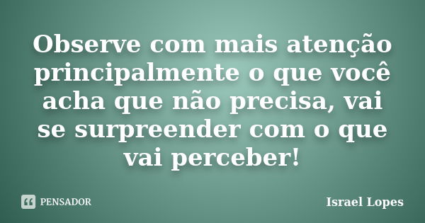 Observe com mais atenção principalmente o que você acha que não precisa, vai se surpreender com o que vai perceber!... Frase de Israel Lopes.