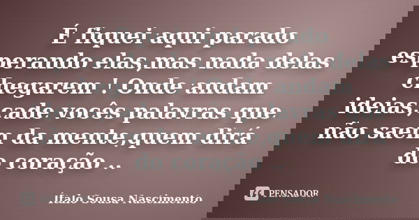 É fiquei aqui parado esperando elas,mas nada delas chegarem ! Onde andam ideias,cade vocês palavras que não saem da mente,quem dirá do coração ..... Frase de Italo Sousa Nascimento.