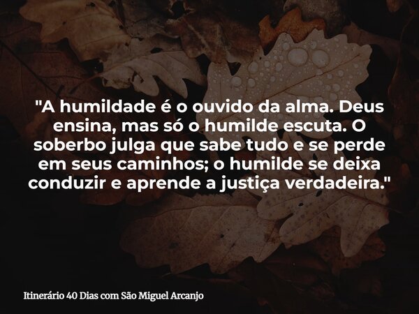 "A humildade é o ouvido da alma. Deus ensina, mas só o humilde escuta. O soberbo julga que sabe tudo e se perde em seus caminhos; o humilde se deixa conduz... Frase de Itinerário 40 Dias com São Miguel Arcanjo.