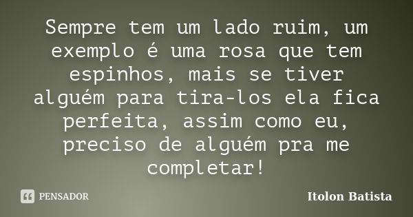 Sempre tem um lado ruim, um exemplo é uma rosa que tem espinhos, mais se tiver alguém para tira-los ela fica perfeita, assim como eu, preciso de alguém pra me c... Frase de Itolon Batista.