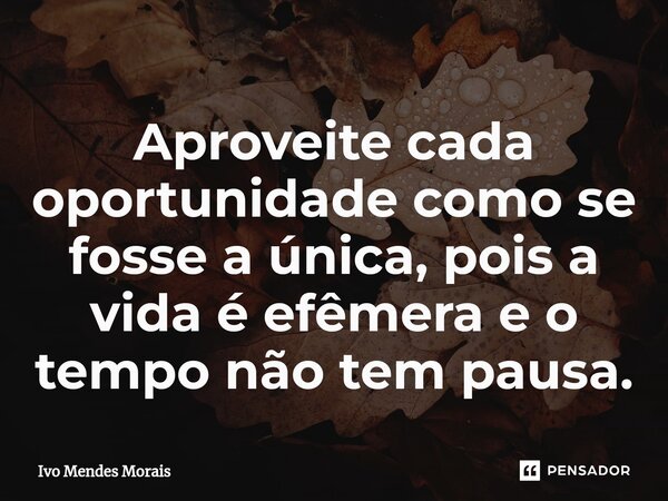 ⁠Aproveite cada oportunidade como se fosse a única, pois a vida é efêmera e o tempo não tem pausa.... Frase de Ivo Mendes Morais.