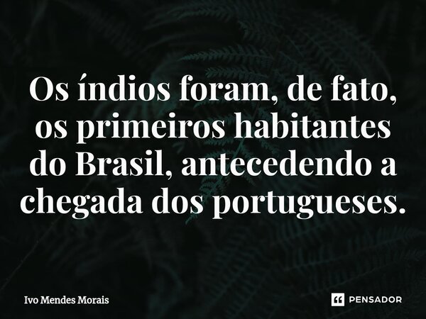 Os índios foram, de fato, os primeiros habitantes do Brasil, antecedendo a chegada dos portugueses.... Frase de Ivo Mendes Morais.