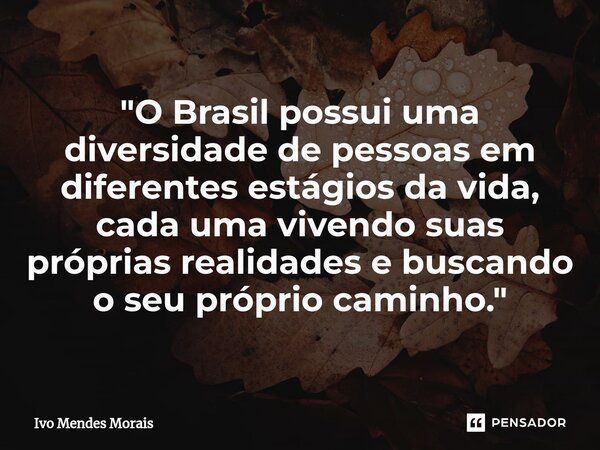 ⁠"O Brasil possui uma diversidade de pessoas em diferentes estágios da vida, cada uma vivendo suas próprias realidades e buscando o seu próprio caminho.&qu... Frase de Ivo Mendes Morais.