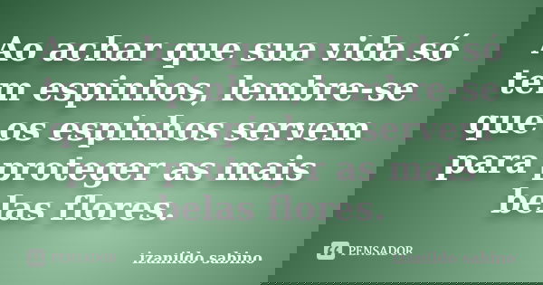 Ao achar que sua vida só tem espinhos, lembre-se que os espinhos servem para proteger as mais belas flores.... Frase de Izanildo Sabino.