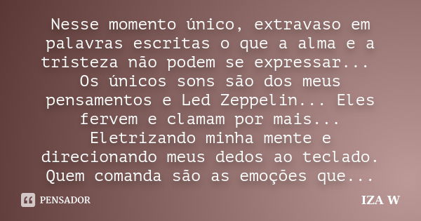 Nesse momento único, extravaso em palavras escritas o que a alma e a tristeza não podem se expressar... Os únicos sons são dos meus pensamentos e Led Zeppelin..... Frase de IZA W.