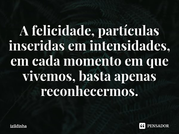 ⁠A felicidade, partículas inseridas em intensidades,
em cada momento em que vivemos, basta apenas
reconhecermos.... Frase de izildinha.